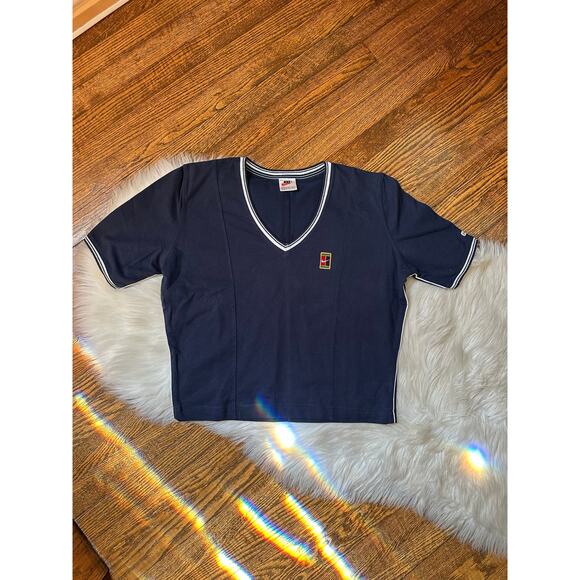 Rare Vintage 90s Nike Challenge Court Cropped Navy Blue Short Sleeve T Shirt, M - Picture 1 of 5